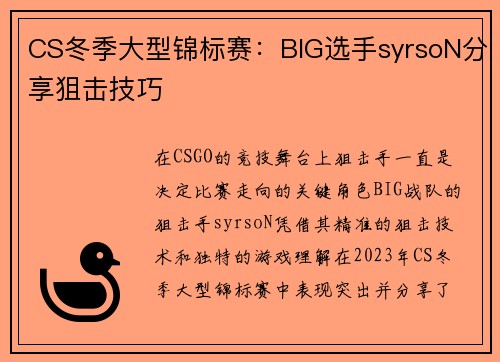 CS冬季大型锦标赛：BIG选手syrsoN分享狙击技巧