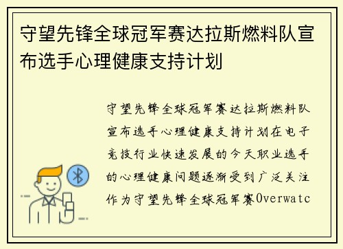 守望先锋全球冠军赛达拉斯燃料队宣布选手心理健康支持计划